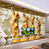 无缝3d大型壁画 荷花侍女古典四大美女 木雕浮雕电视背景墙壁纸
