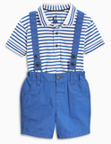 英国代购正品童装NEXT16夏男童男宝宝蓝色背带裤+POLO条纹T恤套装