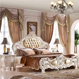 美式实木真皮床2米2.2米欧式新古典双人大床白色橡木雕花公主婚床