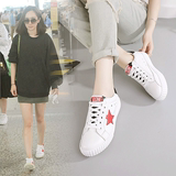 韩版小白鞋女夏季透气系带真皮百搭平跟星星白色板鞋女鞋韩版潮