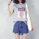 2016夏装女装新款韩版字母印花宽松破洞T恤圆领无袖学生个性上衣