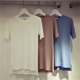 韩国出口订单AT新款简约修身显瘦开叉白色短袖针织衫女上衣T恤女