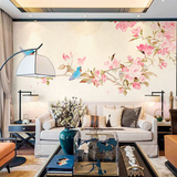 现代中式墙纸 新古典客厅电视背景墙壁纸 手绘水彩花鸟卧室壁画