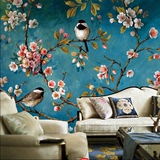 新中式墙纸蓝色花鸟大型壁画油画 书房客厅电视背景墙壁纸墙布