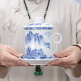 青花瓷茶杯手绘山水陶瓷杯男女带盖过滤水杯办公室泡茶杯子会议杯
