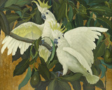 两只白鹦鹉 美式装饰画 挂画吉祥画芯油画鸟类绿色淡雅创意无框画