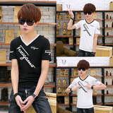 夏季男士短袖T恤修身V领字母印花半袖休闲男装t恤韩版青少年衣服