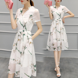 夏装新款韩版花朵印花修身中长款气质欧根纱短袖时尚连衣裙女裙子