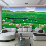 3D大型壁画蒙古包草原牛羊牧场壁布蓝天白云电视沙发卧室背景墙纸