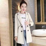 韩版2016春季女装新款修身风衣双排扣中长款大衣纯色鹿皮绒外套