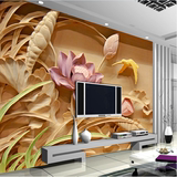 大型木雕3d荷花壁画 客厅沙发无缝电视背景墙纸 卧室床头环保壁纸