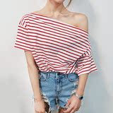 韩版条纹t恤女2016夏季新款宽松显瘦时尚短袖纯棉一字领露肩上衣