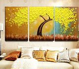 纯手绘油画三联发财树无框画 简约现代客厅沙发背景墙壁挂画