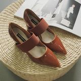 女士鞋子秋季新款 韩版时尚性感松紧绑带漆皮尖头粗跟中跟单鞋