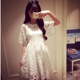 2016春夏季韩版学生公主女装白色清新甜美短袖高腰蕾丝连衣裙淑女