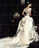 2015欧美皇家宫廷复古一字肩长拖尾婚纱短袖V领婚纱