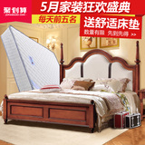 美式乡村实木床双人床1.8米复古欧式床真皮软靠床储物高箱床深色