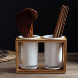 创意陶瓷竹木架双筒沥水筷子筒 厨房餐具置物筷子架筷子盒包邮