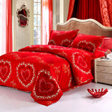 全棉磨毛床单式大红色婚庆床品四件套经典玫瑰盛世情缘