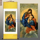 圣母圣子画像 基督教 天主教教堂挂画 丝绸装饰画 卷轴画已装裱