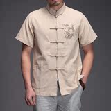夏季唐装男短袖衬衫 中国风刺绣复古亚麻棉麻青年盘扣开衫中老年
