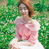 2016韩国代购夏装新款红格子露肩娃娃一字领甜美衬衣女小清新上衣