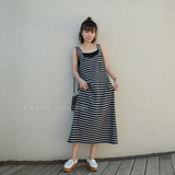 外贸日本原单 杂志款森系宽松大版条纹大口袋背带裙吊带长裙