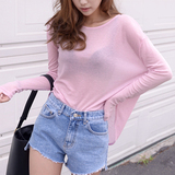 透视粉色t恤个性韩版学生百搭性感宽松显瘦长袖上衣女夏2016新款