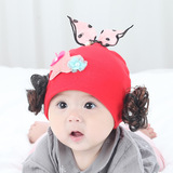 纯棉婴幼儿假发帽夏秋季0-6-12个月韩版蝴蝶结公主帽甜美女童帽