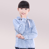 2015春秋新款韩版公主女童牛仔衬衫中大童长袖蝴蝶结衬衣女孩上衣