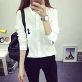 16秋季新款韩版学生修身纯棉长袖衬衫女装大码学院风刺绣白衬衣潮
