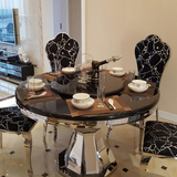 欧式大理石圆形餐桌简约现代不锈钢餐桌椅组合双层旋转饭桌餐台