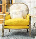 美式乡村单人沙发椅 法式复古实木做旧老虎椅 棉麻布艺休闲椅