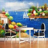 3D立体壁画欧式油画地中海海边花园风景客厅电视背景墙纸沙发壁纸