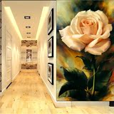 手绘复古油画玫瑰玄关壁画客厅走廊过道背景墙纸无缝整张背胶壁纸
