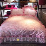 春季波浪纹四件套床上用品蕾丝花边床上四件套波浪粉色韩式1.8m床