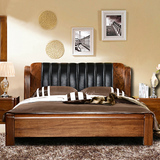 中式床金丝黑胡桃木真皮双人床高档全实木储物2/2.2米2.4加宽大床