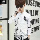 韩版男士修身型衬衣青少年印花长袖帅气衬衫学生短袖男夏季衣服潮