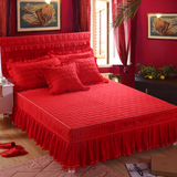 加厚夹棉单件蕾丝床裙婚庆大红色床罩三件套加棉床头罩1.8m 2米