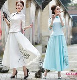 2016春夏女装修身棉麻少女日常气质复古两件套装民族风旗袍连衣裙