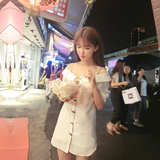 2016夏新款韩版女装性感显瘦吊带直筒裙子牛仔一字领露肩连衣裙潮