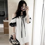 韩国代购2016夏季新款白色露肩灯笼袖气质连衣裙挂脖女装蕾丝拼接