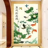 现代中式玄关壁画鱼戏荷花客厅走廊过道背景墙纸无缝整张背胶壁纸