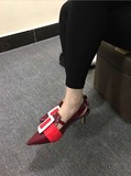 2016新款欧美凉鞋女夏高跟鞋真皮细跟性感酒红色一字扣带尖头女鞋