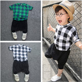 夏装男童套装2016韩版1-2-3-4岁5宝宝短袖格子衬衫+垮裤两件套潮