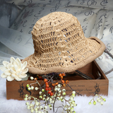 日本手工花纹光身草编渔夫帽子青年中年女夏天大沿草帽可折叠盆帽