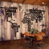 欧式英文字母地图大型壁画壁纸个性西餐厅酒吧奶茶店木纹背景墙纸