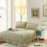 韩式加厚夹棉绗缝床盖三件套紫蓝黄格子简约欧式外贸特价单件床单