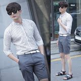 夏季韩国代购男装衬衣韩版薄款立领休闲修身潮男士条纹七分袖衬衫