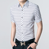 夏季男士短袖红白格子衬衫韩版休闲修身纯棉抗皱青年大码薄款衬衣